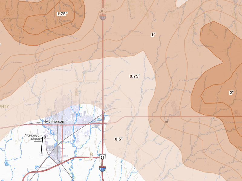 Radar-estimated hail-size map of the storm over Mcpherson, KS on Apr 26, 2026