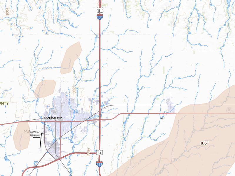 Radar-estimated hail-size map of the storm over Mcpherson, KS on May 18, 2026