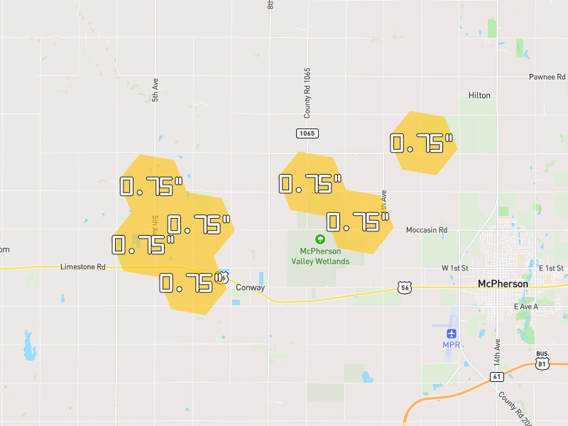 Hail map of McPherson, KS on Jun 9, 2026, hail up to 0.75"