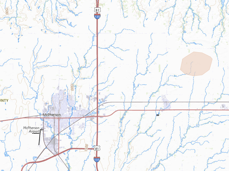 Radar-estimated hail-size map of the storm over Mcpherson, KS on Jul 4, 2026