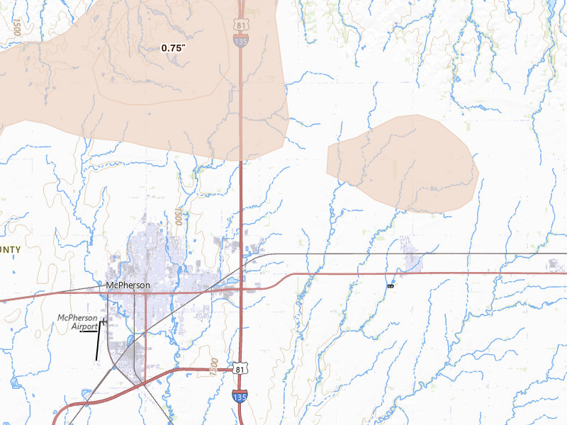 Radar-estimated hail-size map of the storm over Mcpherson, KS on Jul 9, 2026