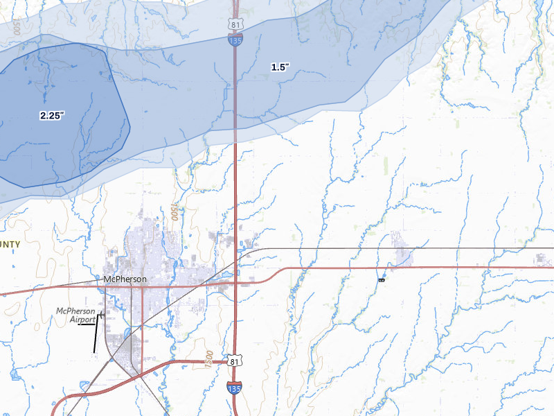 NEXRAD radar-signature map of the hail storm over Mcpherson, KS on Jul 9, 2026