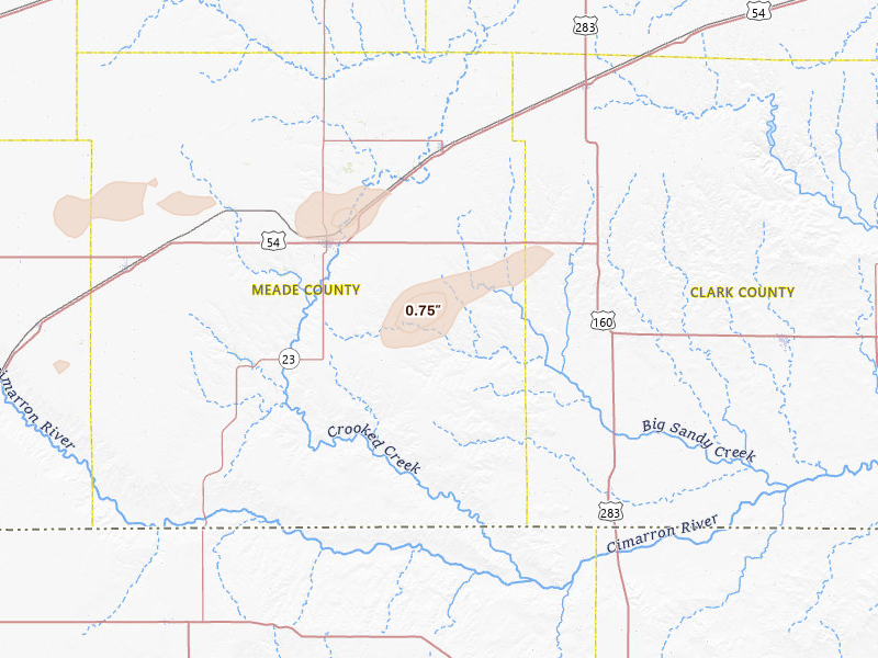 Radar-estimated hail-size map of the storm over Meade, KS on Apr 9, 2026