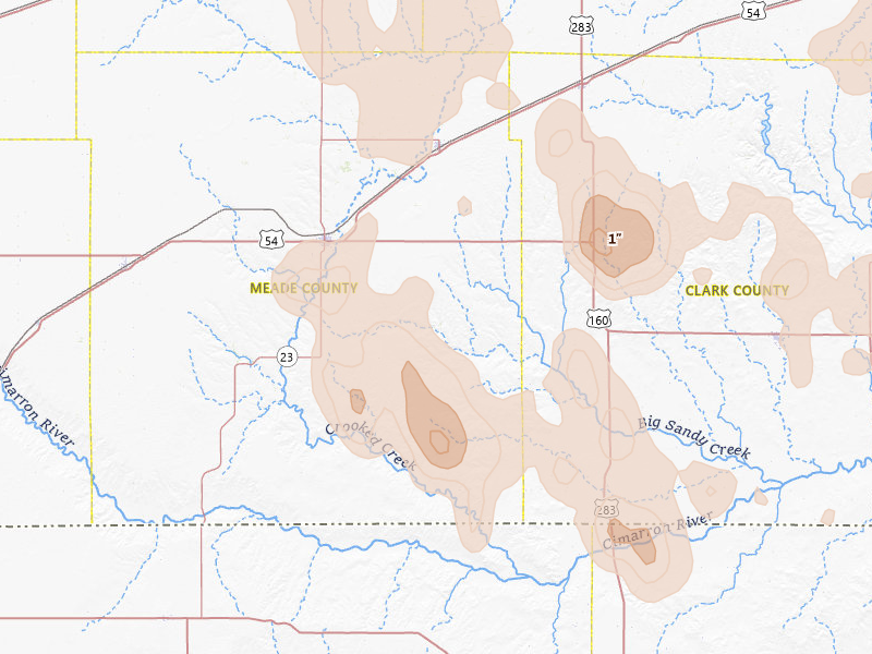 Radar-estimated hail-size map of the storm over Meade, KS on Jun 1, 2026