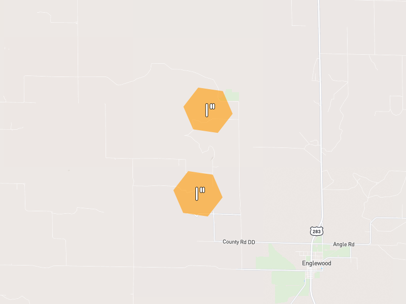 Hail map of Meade, KS on Jun 3, 2026, hail up to 1.25"