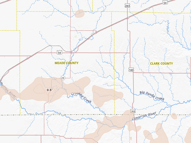 Radar-estimated hail-size map of the storm over Meade, KS on Jun 12, 2026