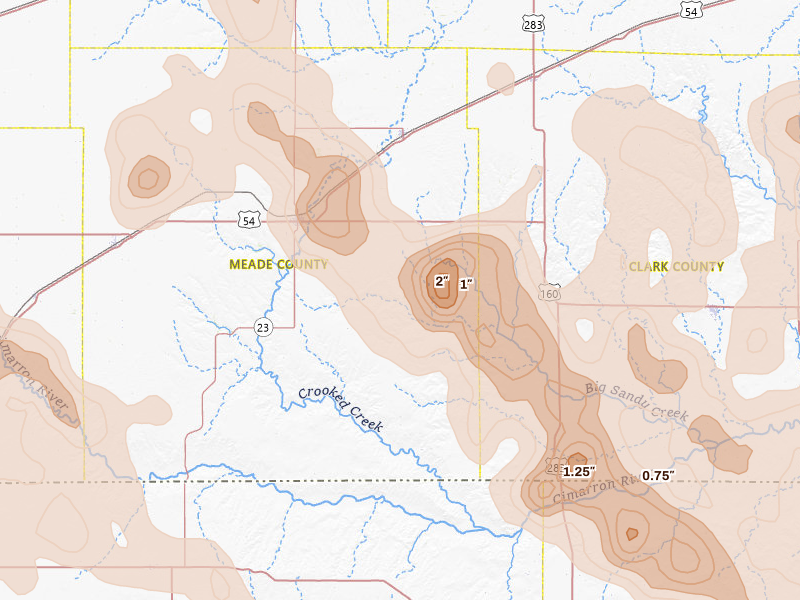 Radar-estimated hail-size map of the storm over Meade, KS