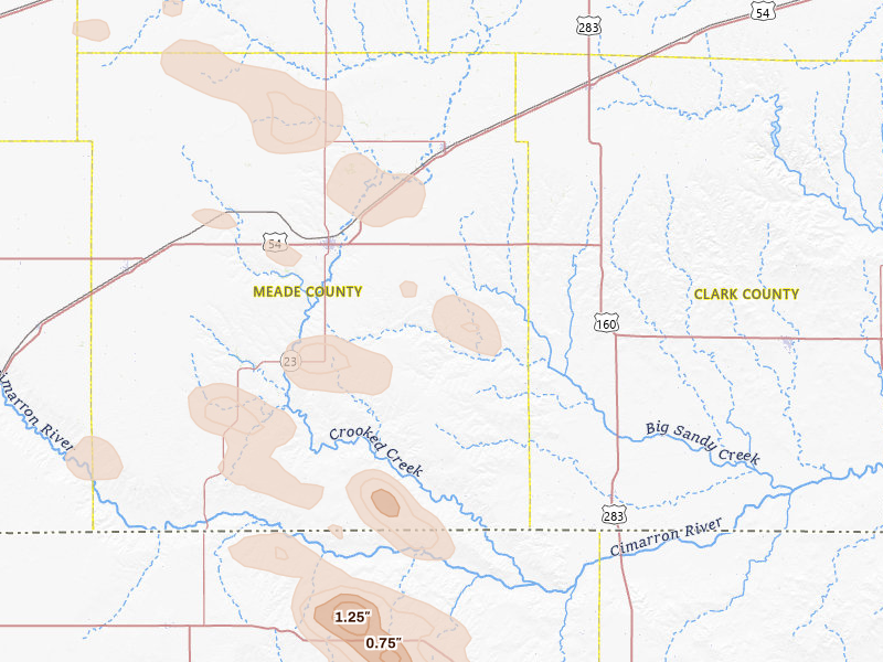 Radar-estimated hail-size map of the storm over Meade, KS on Jun 22, 2026