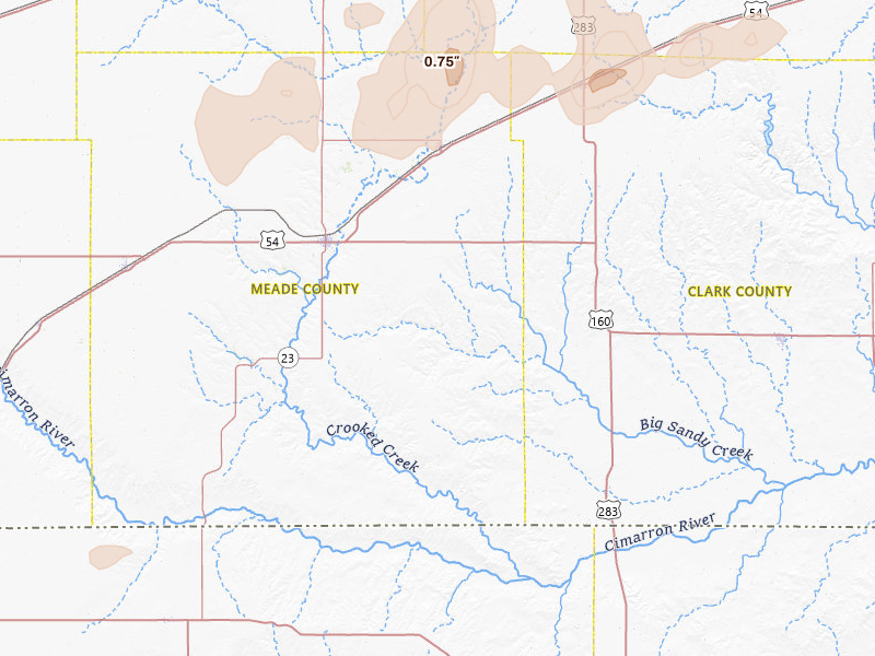 Radar-estimated hail-size map of the storm over Meade, KS on Jun 26, 2026