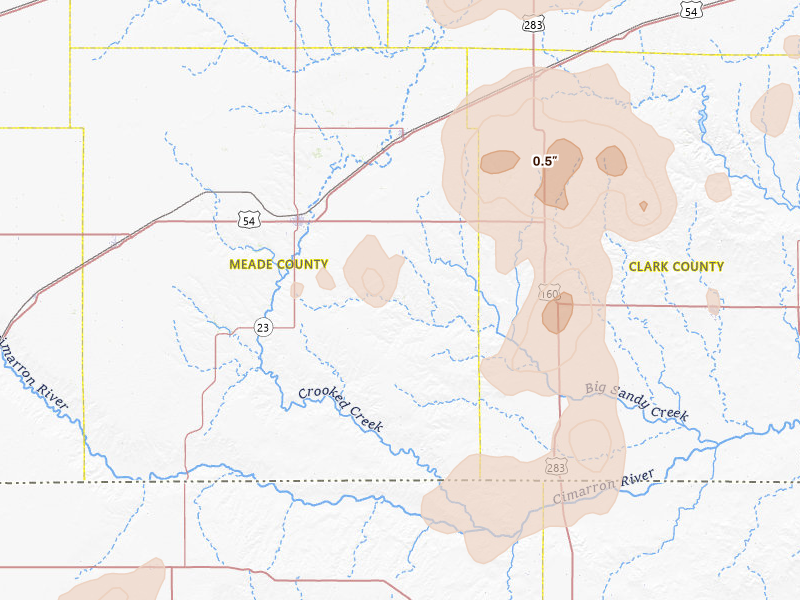 Radar-estimated hail-size map of the storm over Meade, KS on Jul 23, 2026