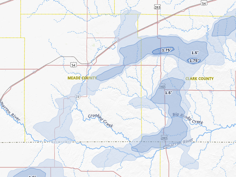 NEXRAD radar-signature map of the hail storm over Meade, KS on Jul 23, 2026