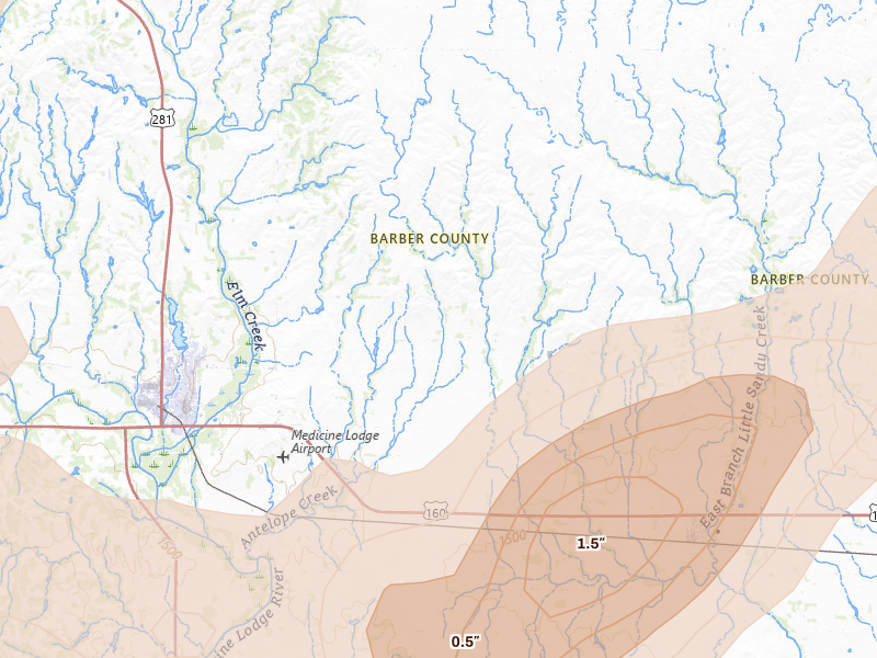 Radar-estimated hail-size map of the storm over Medicine Lodge, KS on Mar 10, 2026