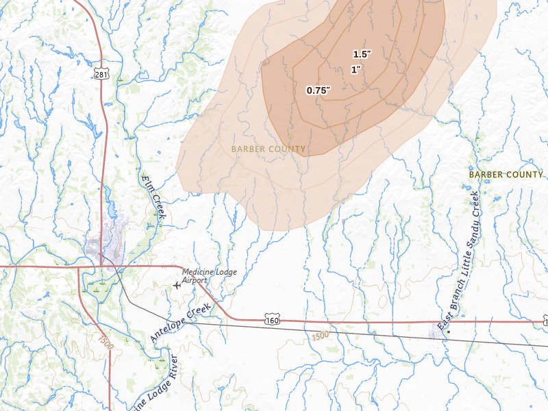 Radar-estimated hail-size map of the storm over Medicine Lodge, KS on May 29, 2026