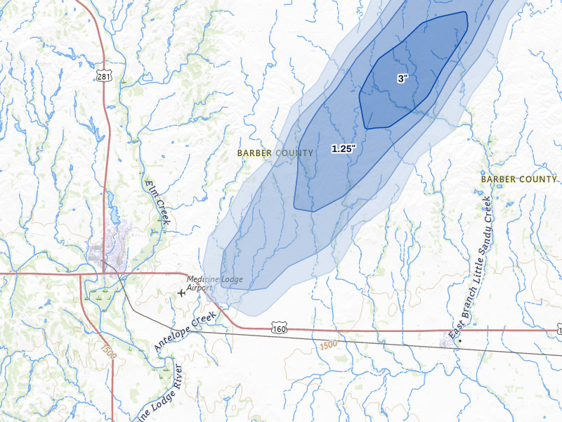 NEXRAD radar-signature map of the hail storm over Medicine Lodge, KS on May 29, 2026
