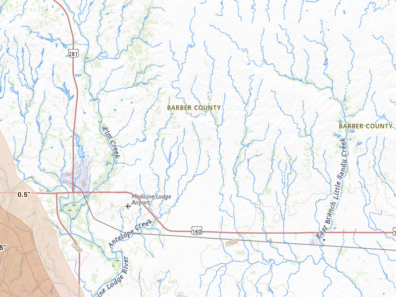 Radar-estimated hail-size map of the storm over Medicine Lodge, KS on Jun 16, 2026