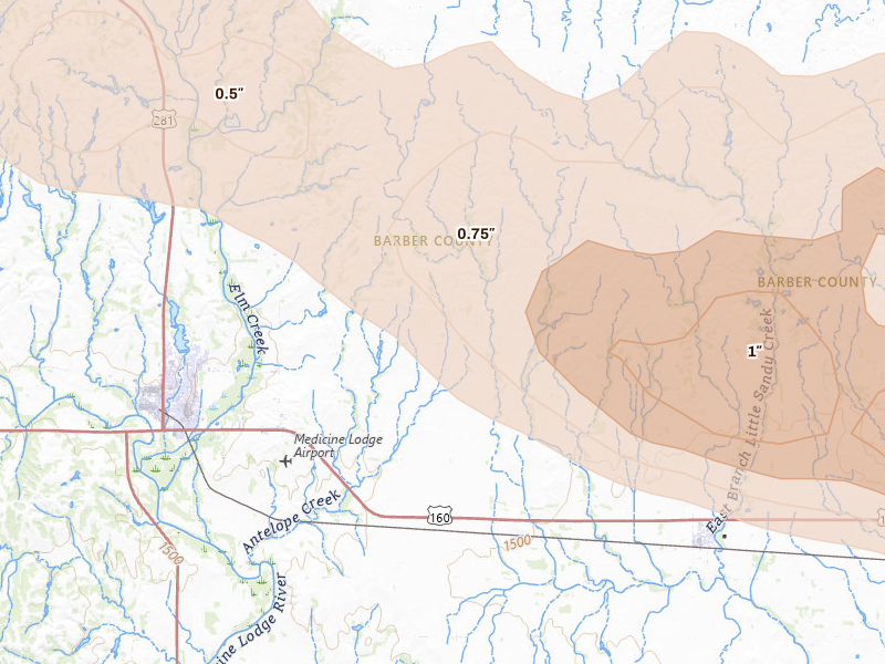 Radar-estimated hail-size map of the storm over Medicine Lodge, KS on Jun 18, 2026