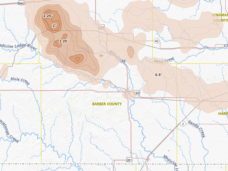 Radar-estimated hail-size map of the storm over Medicine Lodge, KS on Jun 20, 2026