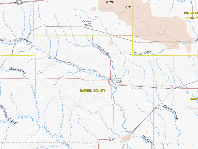 Radar-estimated hail-size map of the storm over Medicine Lodge, KS on Jun 25, 2026