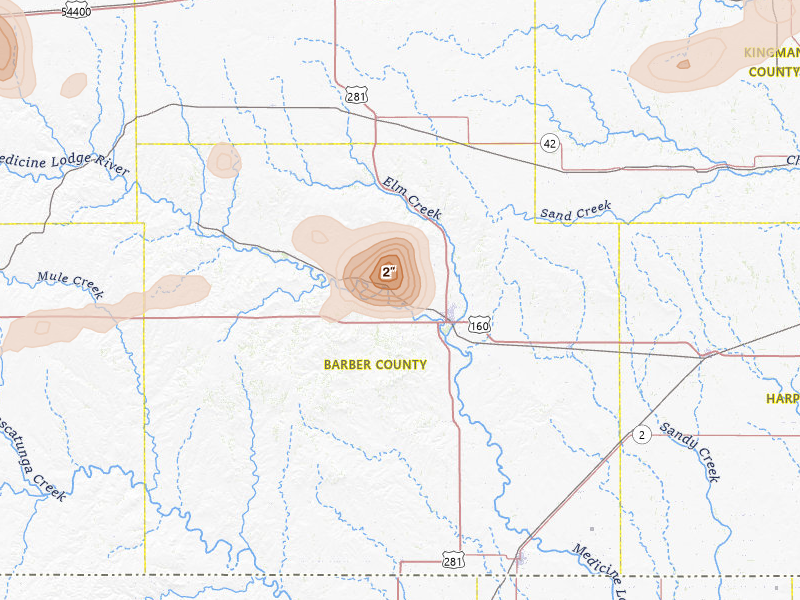 Radar-estimated hail-size map of the storm over Medicine Lodge, KS on Jul 9, 2026