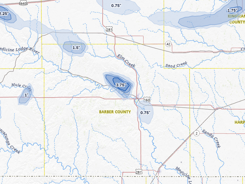 NEXRAD radar-signature map of the hail storm over Medicine Lodge, KS on Jul 9, 2026