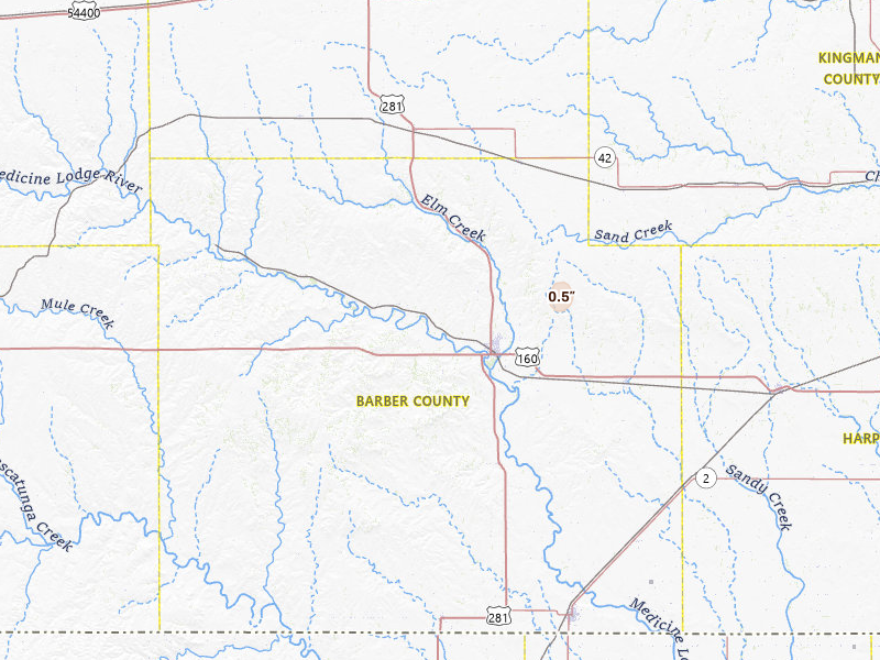 Radar-estimated hail-size map of the storm over Medicine Lodge, KS on Jul 11, 2026