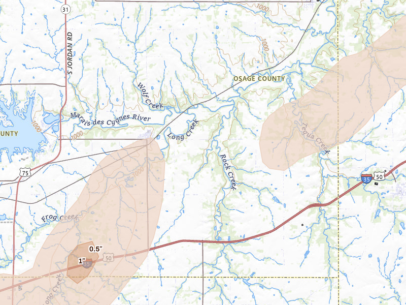Radar-estimated hail-size map of the storm over Melvern, KS on Mar 10, 2026