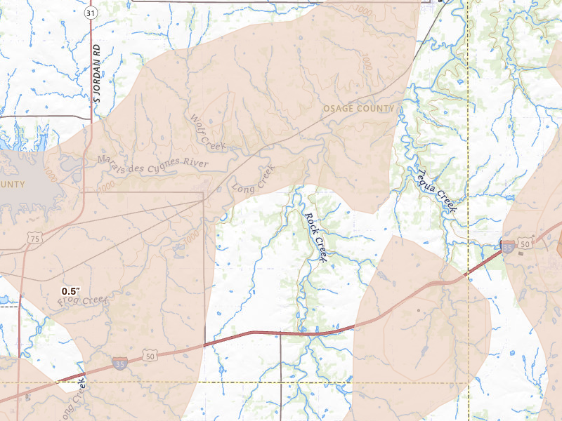 Radar-estimated hail-size map of the storm over Melvern, KS on Apr 17, 2026
