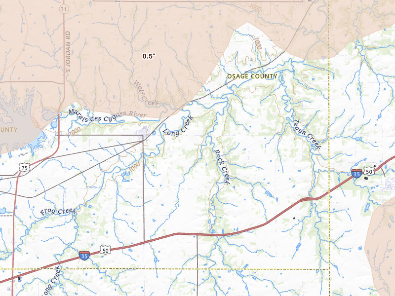 Radar-estimated hail-size map of the storm over Melvern, KS on Apr 26, 2026
