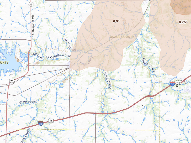 Radar-estimated hail-size map of the storm over Melvern, KS on May 30, 2026