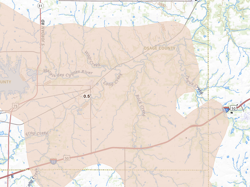 Radar-estimated hail-size map of the storm over Melvern, KS on Jun 8, 2026