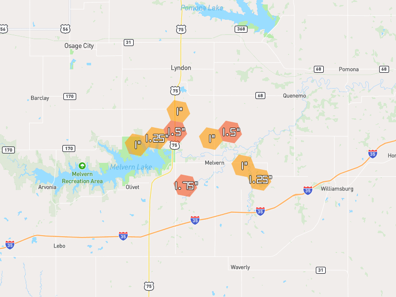 Hail map of Melvern, KS on Jun 9, 2026, hail up to 1.75"