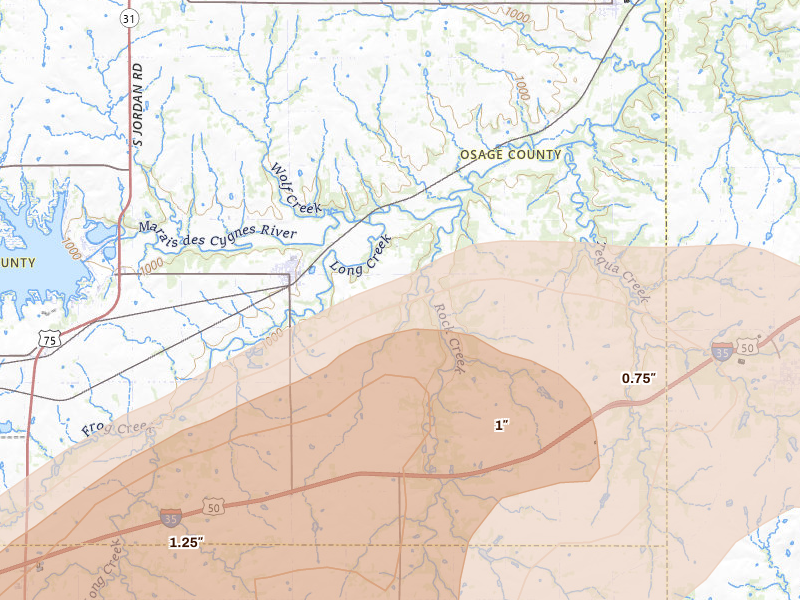 Radar-estimated hail-size map of the storm over Melvern, KS on Aug 5, 2026