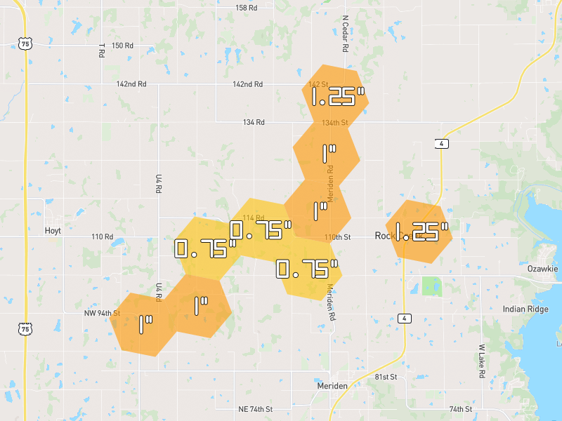 Hail map of Meriden, KS on Jun 1, 2026, hail up to 1.25"