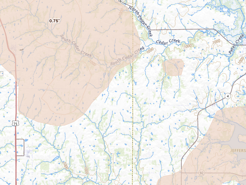 Radar-estimated hail-size map of the storm over Meriden, KS on Jul 8, 2026