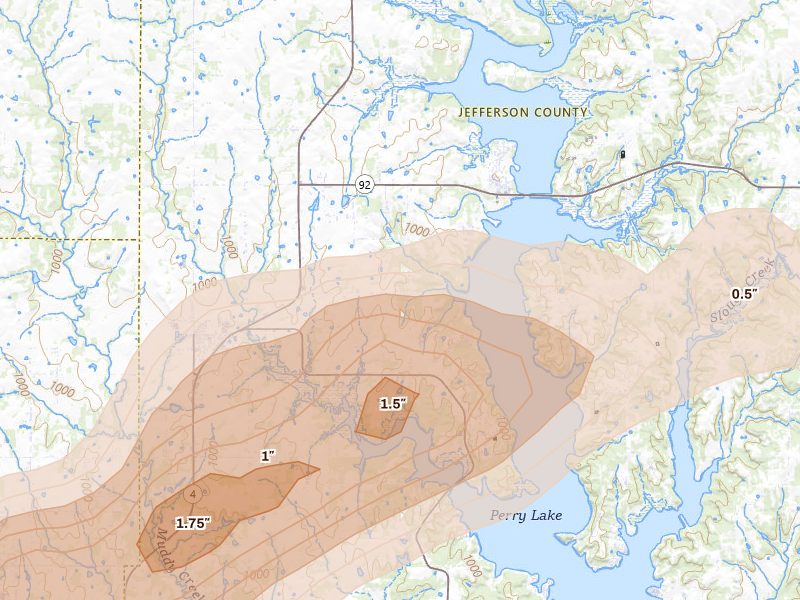 Radar-estimated hail-size map of the storm over Meriden, KS on Aug 14, 2026