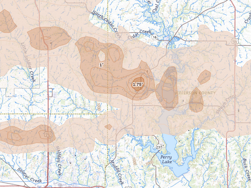 Radar-estimated hail-size map of the storm over Meriden, KS on Aug 18, 2026