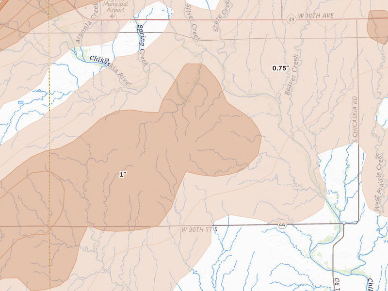 Radar-estimated hail-size map of the storm over Milan, KS on Apr 17, 2026