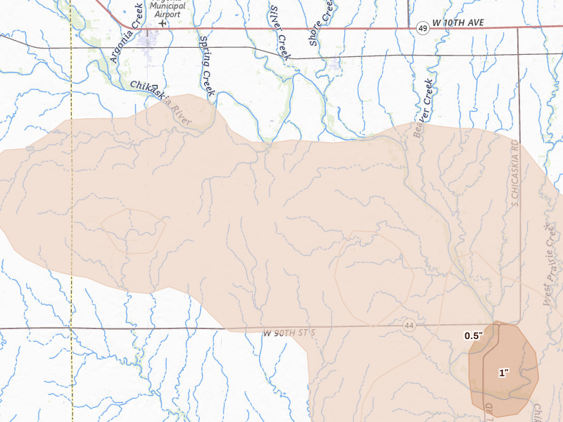 Radar-estimated hail-size map of the storm over Milan, KS on Jun 25, 2026