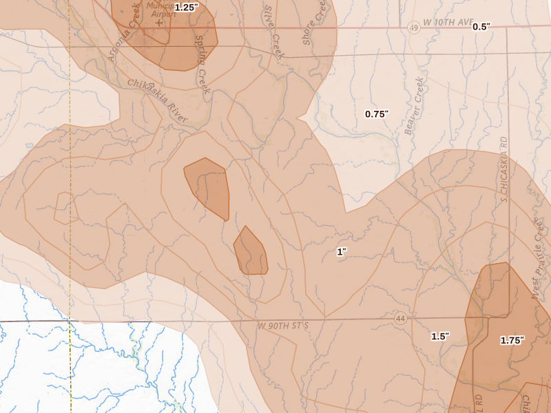 Radar-estimated hail-size map of the storm over Milan, KS on Jul 4, 2026