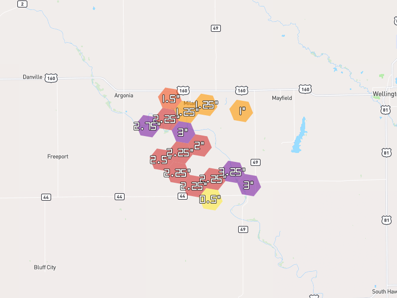 Hail map of Milan, KS on Jul 4, 2026, hail up to 3.25"