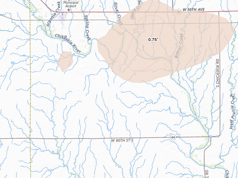Radar-estimated hail-size map of the storm over Milan, KS on Jul 9, 2026