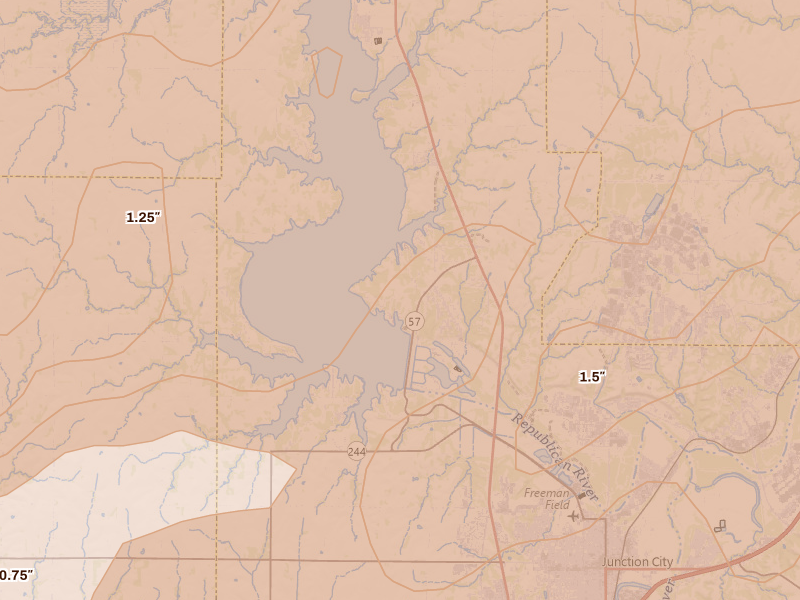 Radar-estimated hail-size map of the storm over Milford, KS on May 18, 2026