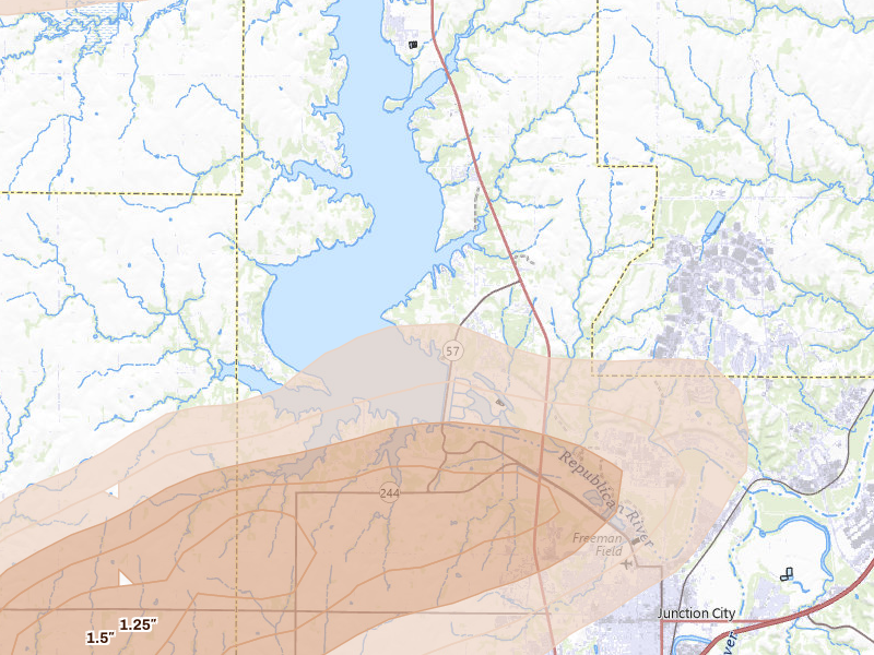 Radar-estimated hail-size map of the storm over Milford, KS on Jun 10, 2026