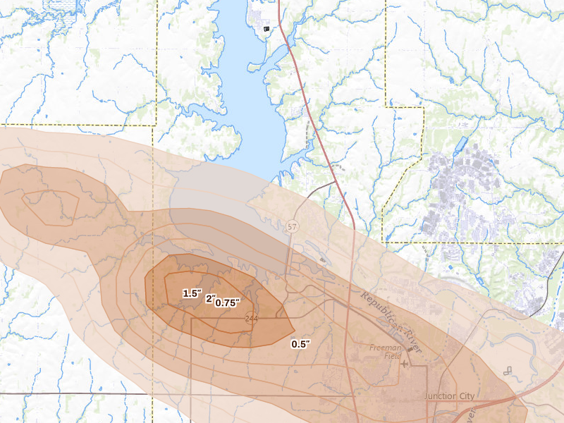 Radar-estimated hail-size map of the storm over Milford, KS on Jun 24, 2026