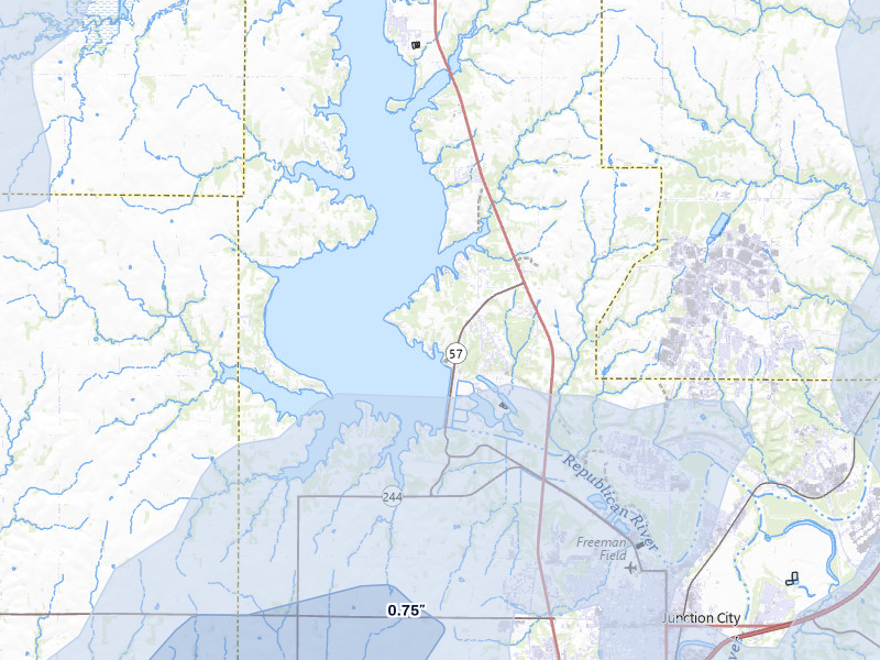 NEXRAD radar-signature map of the hail storm over Milford, KS on Jul 3, 2026