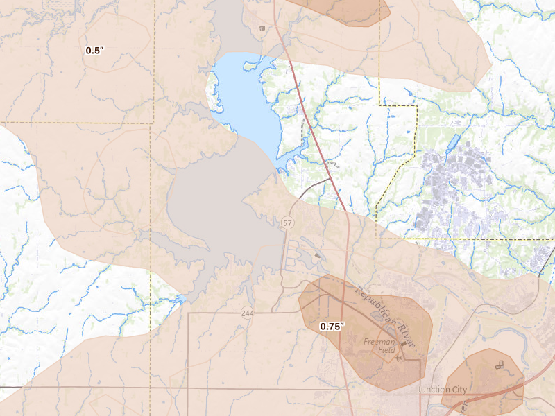 Radar-estimated hail-size map of the storm over Milford, KS on Aug 6, 2026