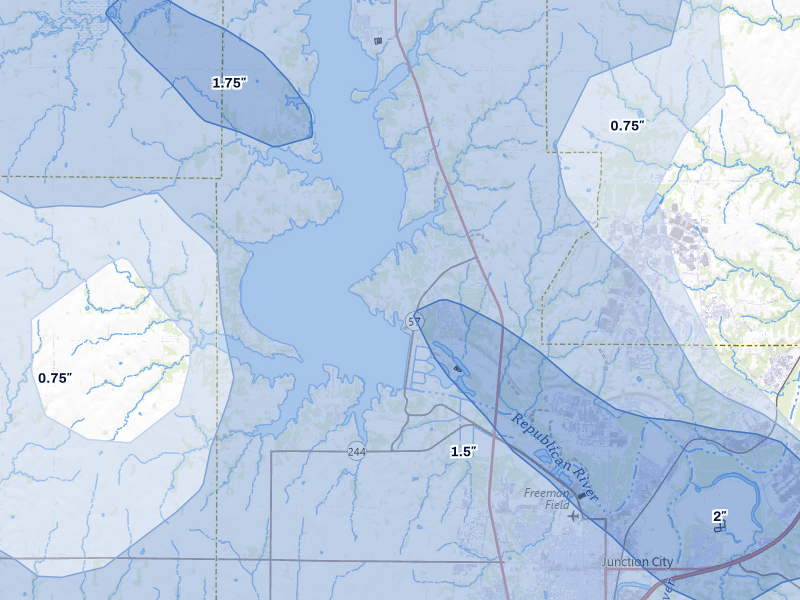 NEXRAD radar-signature map of the hail storm over Milford, KS on Aug 6, 2026