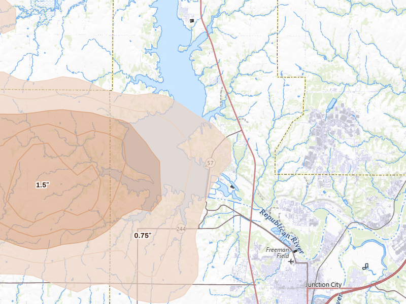 Radar-estimated hail-size map of the storm over Milford, KS on Aug 18, 2026