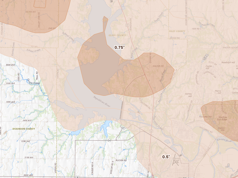 Radar-estimated hail-size map of the storm over Milford, KS