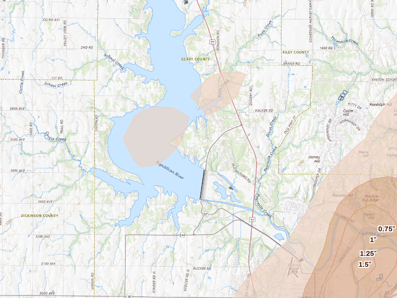 Radar-estimated hail-size map of the storm over Milford, KS